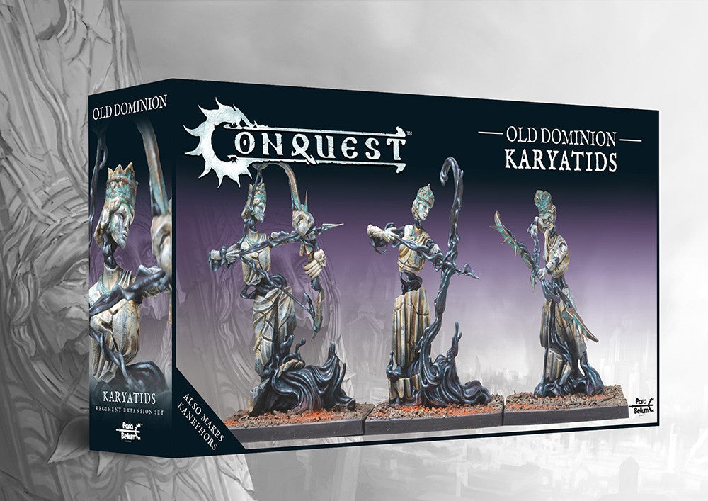 The product box for the Conquest Old Dominion Karyatids, a dual kit that also builds Kanephors, showing three animated statue archers on the cover.