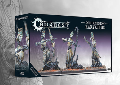 The product box for the Conquest Old Dominion Karyatids, a dual kit that also builds Kanephors, showing three animated statue archers on the cover.