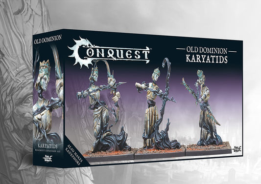 The product box for the Conquest Old Dominion Karyatids, a dual kit that also builds Kanephors, showing three animated statue archers on the cover.