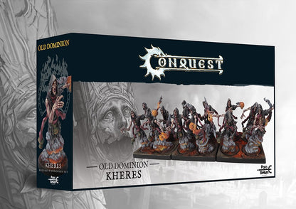 The product box for the Old Dominion Kheres regiment expansion set, showing twelve painted spectral miniatures rising from smoke for the Conquest wargame.