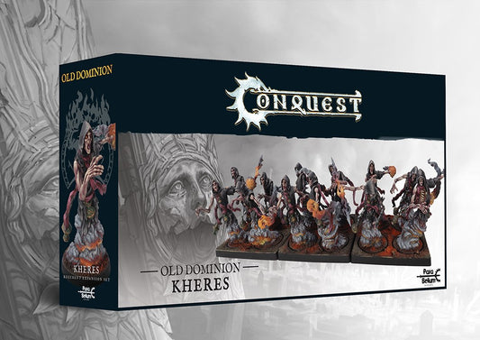 The product box for the Old Dominion Kheres regiment expansion set, showing twelve painted spectral miniatures rising from smoke for the Conquest wargame.