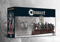 The product box for the Old Dominion Legionnaires, a dual kit for Conquest, showing a unit of painted undead spearmen with large shields.