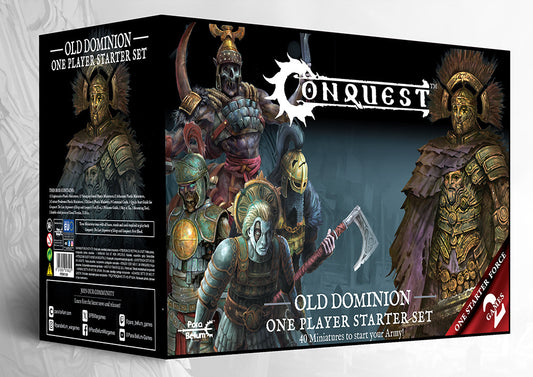 The retail box art for the Conquest Old Dominion One Player Starter Set, featuring an army of undead warriors and champions.