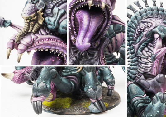 Detailed close-up views of the Spires Consumption Beast, highlighting the textures of its tongue, teeth, and organic armor plating.