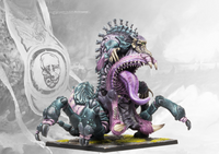 A fully painted Spires Consumption Beast miniature, a massive biomantic monster with a gaping maw, long tongue, and multiple chitinous limbs.