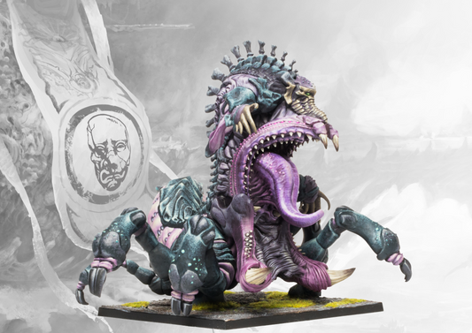 A fully painted Spires Consumption Beast miniature, a massive biomantic monster with a gaping maw, long tongue, and multiple chitinous limbs.