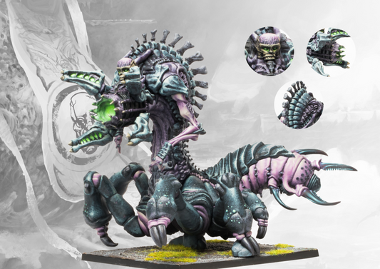 A fully painted Spires Consumption Beast miniature, a massive biomantic monster with a gaping maw, long tongue, and multiple chitinous limbs.