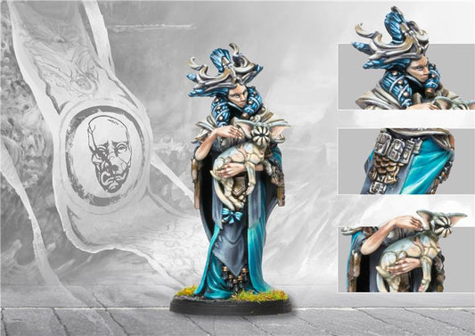 A fully painted Spires Merchant Prince miniature, holding a small biomantic pet, with close-up detail shots of her ornate headpiece and organic robes.