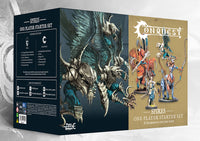 The product box for the Spires One Player Starter Set for Conquest, featuring artwork of winged biomancy creations and a list of the 31 included miniatures.