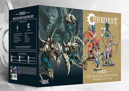 The product box for the Spires One Player Starter Set for Conquest, featuring artwork of winged biomancy creations and a list of the 31 included miniatures.