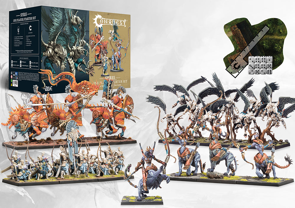 A complete overview of the Spires One Player Starter Set contents, including Centaur Avatara, Stryx, Marksman Clones, and accessories like dice and terrain.