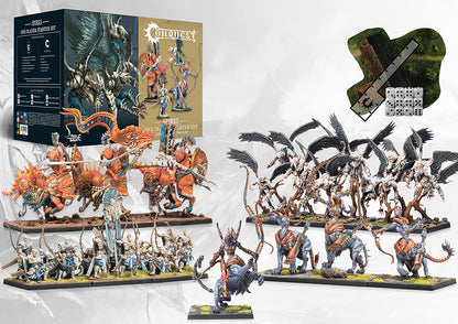 A complete overview of the Spires One Player Starter Set contents, including Centaur Avatara, Stryx, Marksman Clones, and accessories like dice and terrain.
