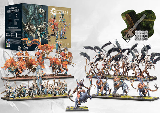 A complete overview of the Spires One Player Starter Set contents, including Centaur Avatara, Stryx, Marksman Clones, and accessories like dice and terrain.