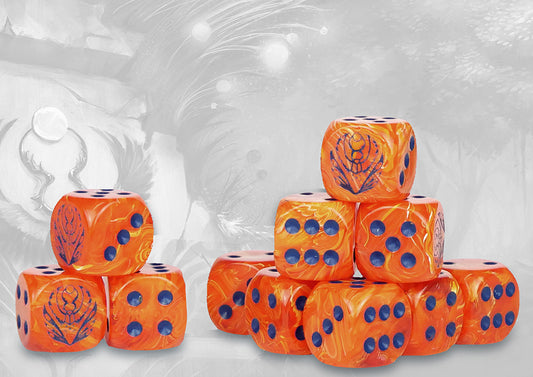 Stacks of bright orange marbled dice for the Weaver Courts faction in Conquest, featuring dark blue pips and a custom scarab beetle logo on the six-face.