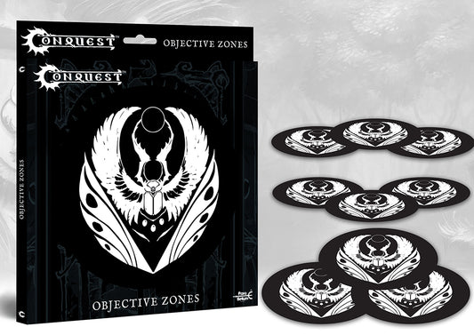 The product packaging for Conquest: Objective Zones, shown next to the nine oval objective markers featuring the black and white Weaver Courts scarab beetle logo.