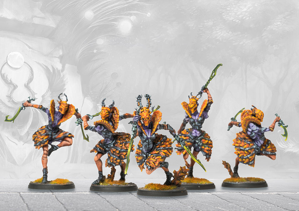 A unit of five painted Scathach Hunters miniatures, showcasing their agile poses and vibrant orange and purple organic armor.