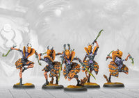 A unit of five painted Scathach Hunters miniatures, showcasing their agile poses and vibrant orange and purple organic armor.