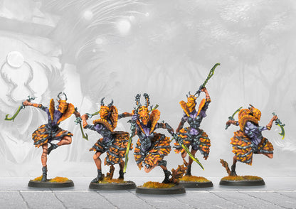 A unit of five painted Scathach Hunters miniatures, showcasing their agile poses and vibrant orange and purple organic armor.