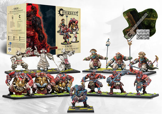 Overview of the Yoroni One Player Starter Set miniatures, featuring origami-inspired constructs and turtle-like aquatic warriors.