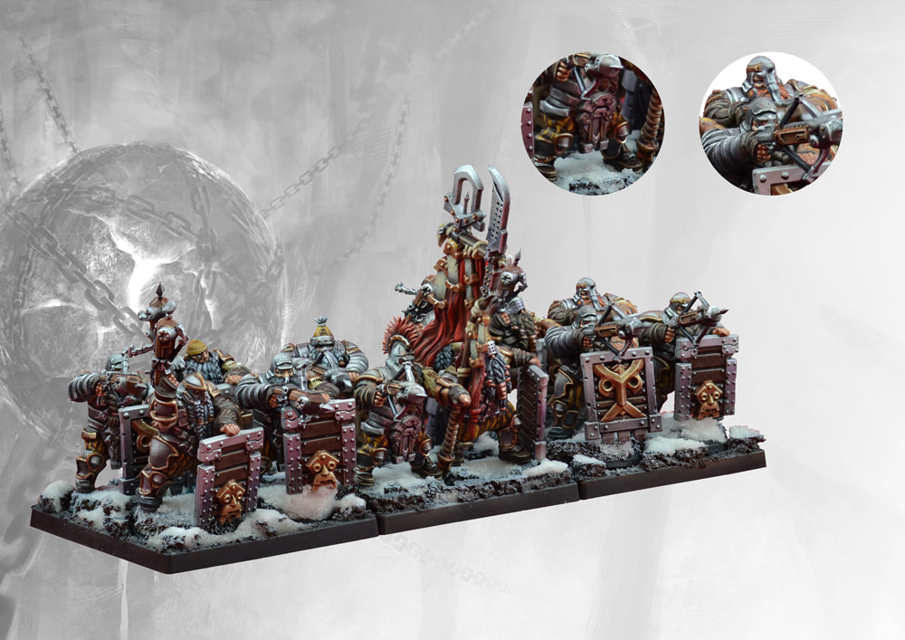 Another view of the painted Dweghom Hold Warriors unit, highlighting the various poses and the detailed, layered armor design.