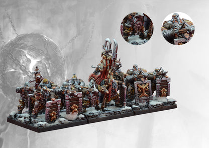 Another view of the painted Dweghom Hold Warriors unit, highlighting the various poses and the detailed, layered armor design.