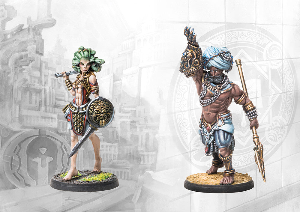 The two painted character miniatures from the Fanning the Fire pack: a City States Gorgon with a sword and shield, and a Sorcerer Kings Ghilman with a spear.