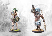 The two painted character miniatures from the Fanning the Fire pack: a City States Gorgon with a sword and shield, and a Sorcerer Kings Ghilman with a spear.