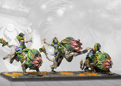 Three painted Weaver Courts Fianna Cavalry miniatures with swords riding hybridized Fae beasts.