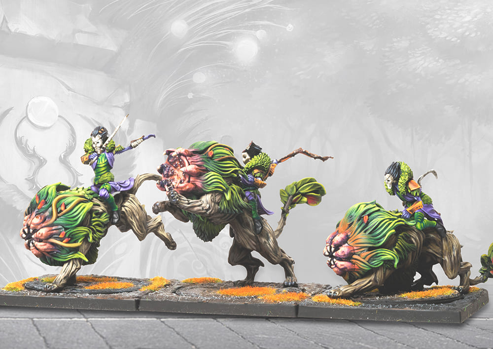 Conquest Fianna Cavalry plastic models in a charging pose across autumn-themed bases.