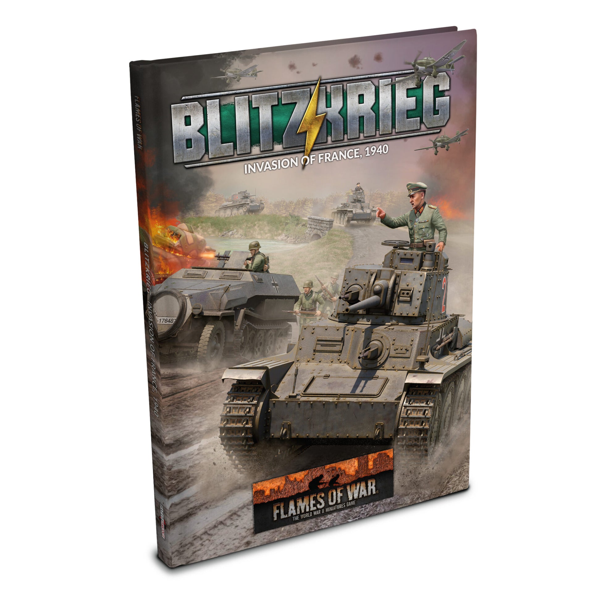 The cover of the Flames of War Blitzkrieg: Invasion of France 1940 sourcebook, featuring German Panzers and a commander in the field.