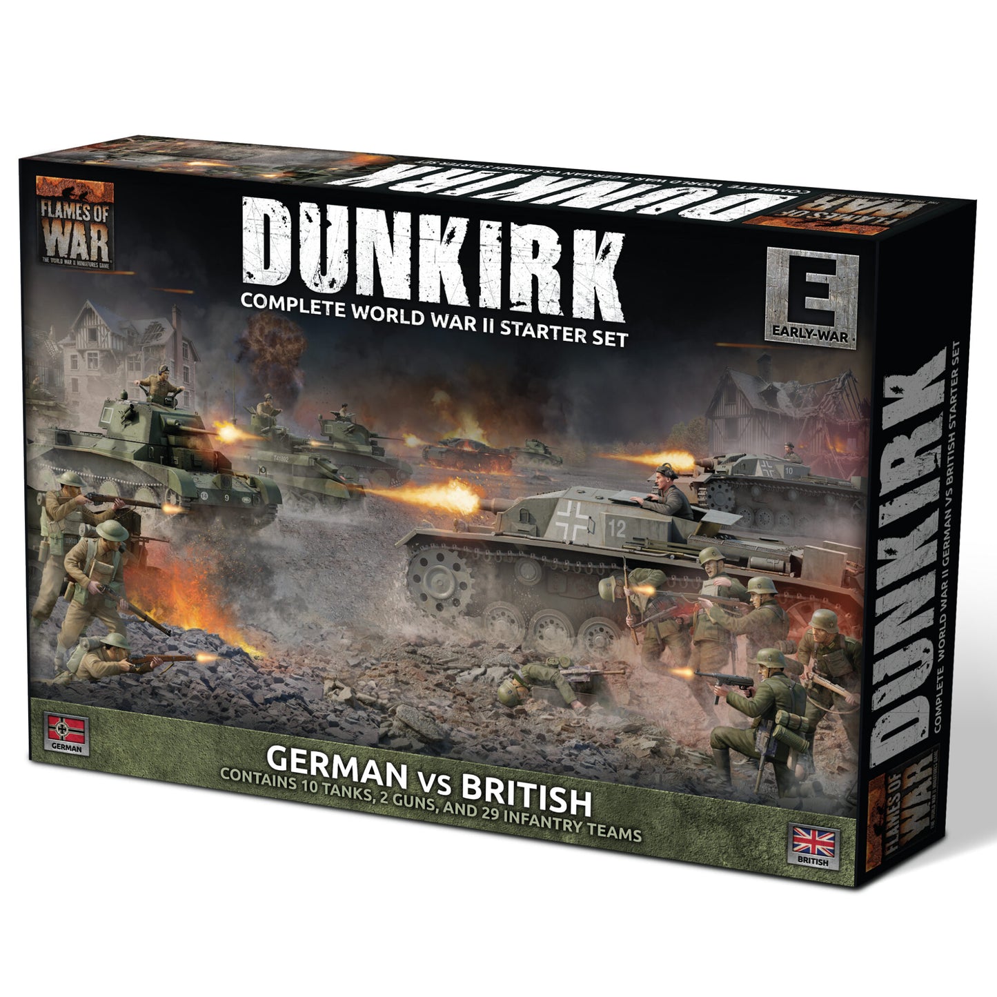 Product box for the Flames of War Dunkirk complete World War II starter set, featuring German vs British forces with 10 tanks, 2 guns, and 29 infantry teams.