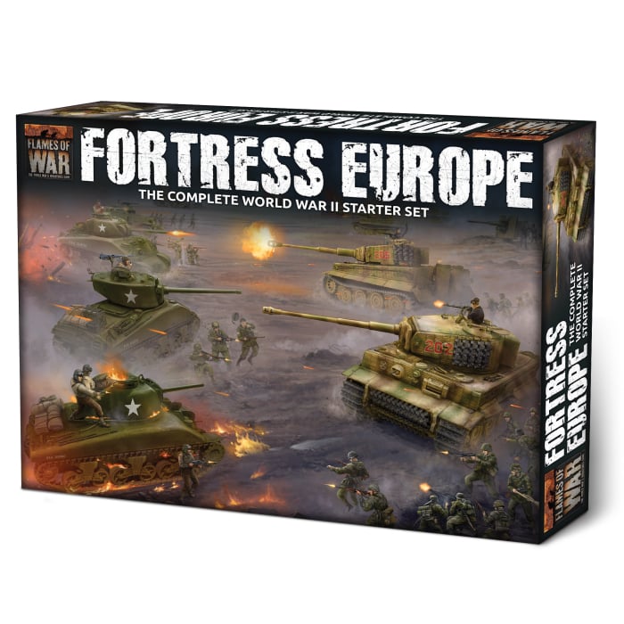 The product box for the Flames of War Fortress Europe World War II starter set, featuring Shermans and Tiger tanks battling infantry on the battlefield.