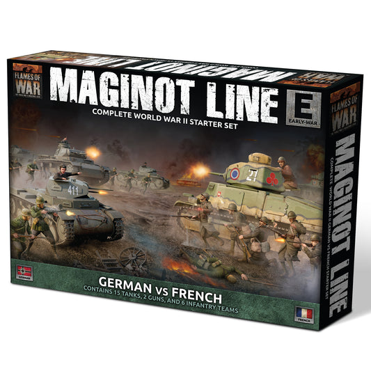 Product box for the Flames of War Maginot Line starter set, containing 15 tanks, 2 guns, and 6 infantry teams for German vs French Early War combat.
