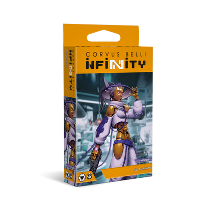 The product box for the Aleph K2 Auxiliars, featuring high-tech purple and white armor artwork for the Infinity wargame.