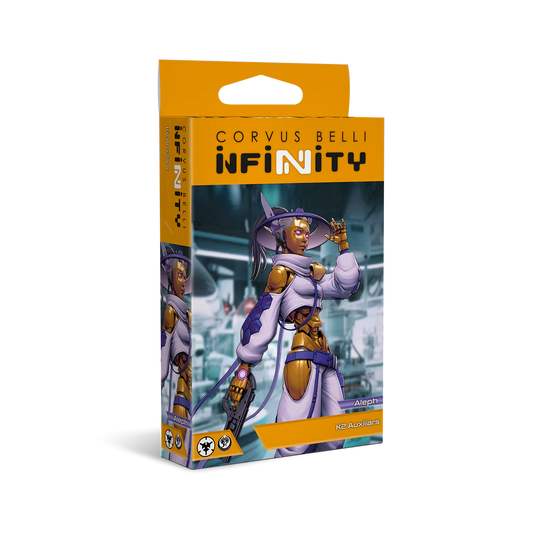 The product box for the Aleph K2 Auxiliars, featuring high-tech purple and white armor artwork for the Infinity wargame.