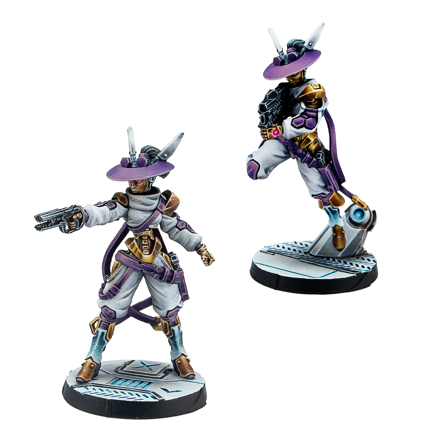Two fully painted Aleph K2 Auxiliars miniatures, featuring purple hats, white suits, and gold cybernetic limbs.