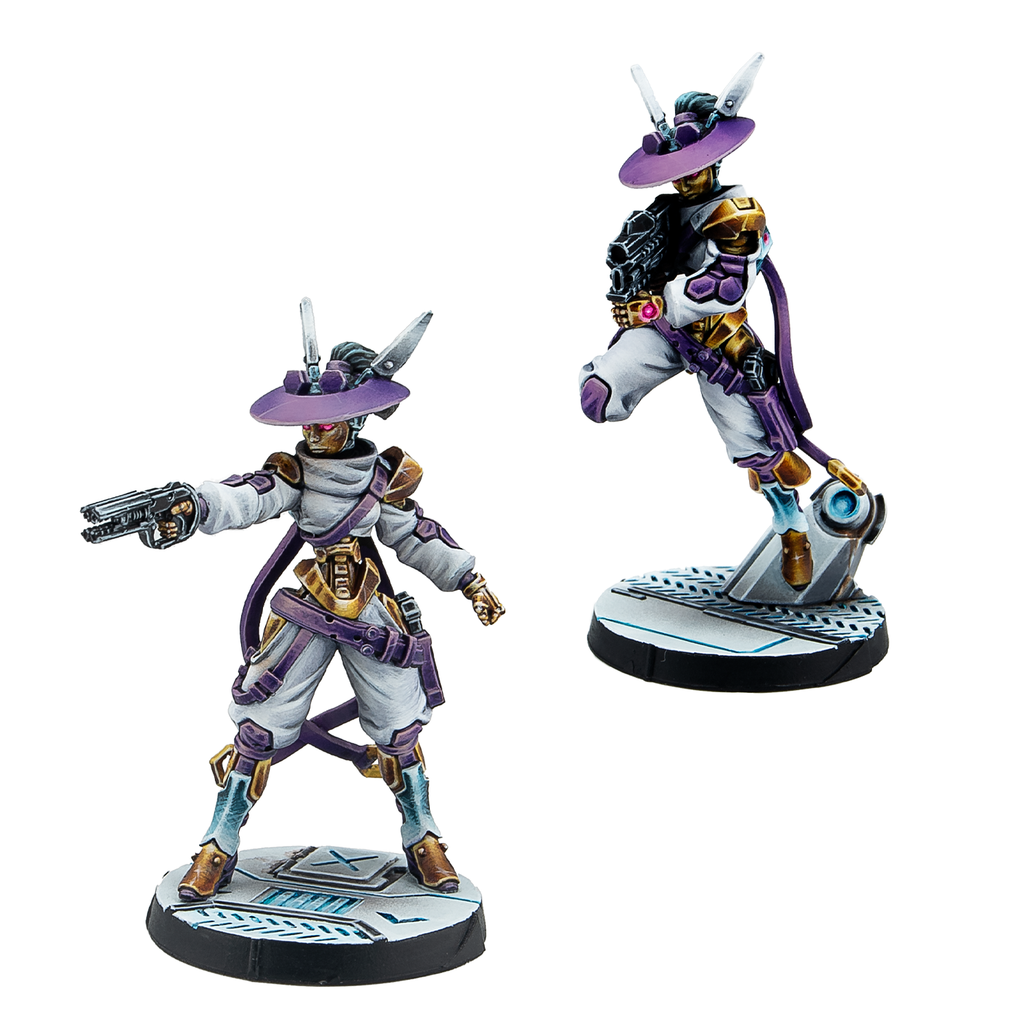Two fully painted Aleph K2 Auxiliars miniatures, featuring purple hats, white suits, and gold cybernetic limbs.