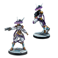 Two fully painted Aleph K2 Auxiliars miniatures, featuring purple hats, white suits, and gold cybernetic limbs.