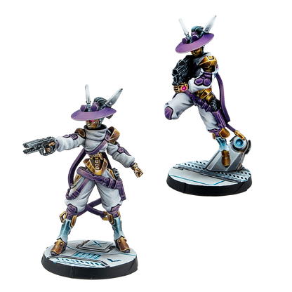 Two fully painted Aleph K2 Auxiliars miniatures, featuring purple hats, white suits, and gold cybernetic limbs.