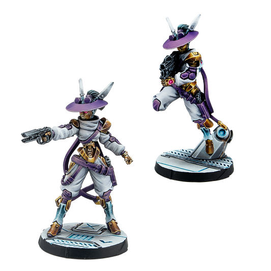 Two fully painted Aleph K2 Auxiliars miniatures, featuring purple hats, white suits, and gold cybernetic limbs.
