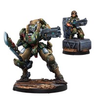The painted Anaconda Mercenary TAG miniature set, including the massive armored mech with a sword and its separate female pilot miniature.