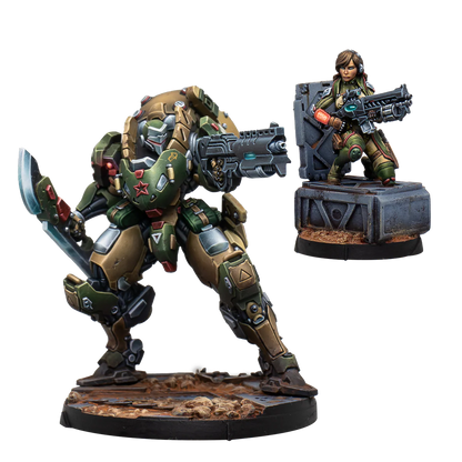The painted Anaconda Mercenary TAG miniature set, including the massive armored mech with a sword and its separate female pilot miniature.