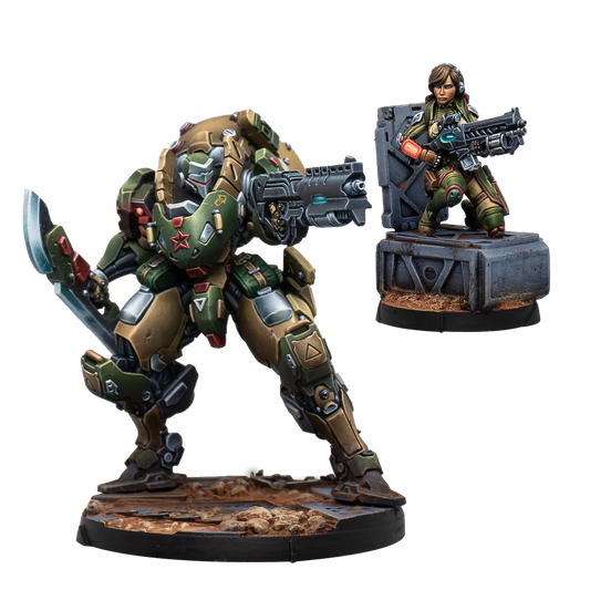 The painted Anaconda Mercenary TAG miniature set, including the massive armored mech with a sword and its separate female pilot miniature.