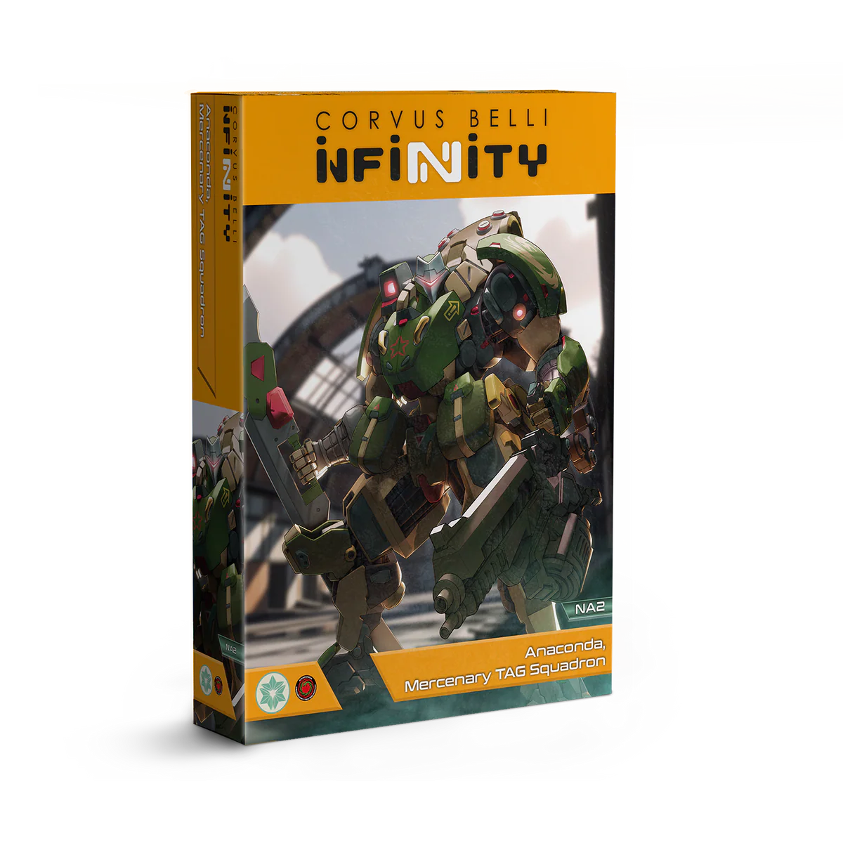The product box for the Corvus Belli Infinity Anaconda Mercenary TAG Squadron, featuring a large, green mechanized suit in a combat pose.