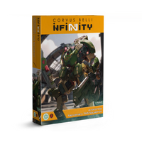 The product box for the Corvus Belli Infinity Anaconda Mercenary TAG Squadron, featuring a large, green mechanized suit in a combat pose.