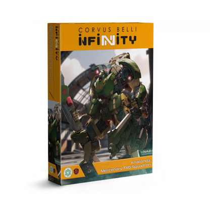 The product box for the Corvus Belli Infinity Anaconda Mercenary TAG Squadron, featuring a large, green mechanized suit in a combat pose.