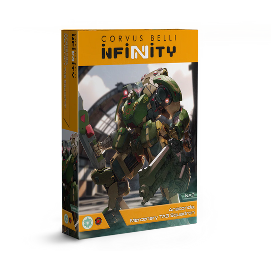 The product box for the Corvus Belli Infinity Anaconda Mercenary TAG Squadron, featuring a large, green mechanized suit in a combat pose.