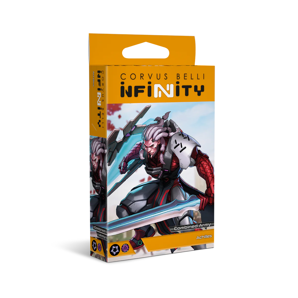 The product box for the Corvus Belli Infinity Combined Army Achilles character, featuring dynamic artwork of the heavily armored cybernetic warrior.