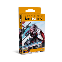 The product box for the Corvus Belli Infinity Combined Army Achilles character, featuring dynamic artwork of the heavily armored cybernetic warrior.