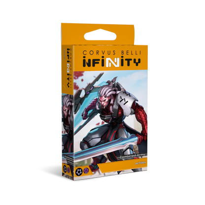 The product box for the Corvus Belli Infinity Combined Army Achilles character, featuring dynamic artwork of the heavily armored cybernetic warrior.
